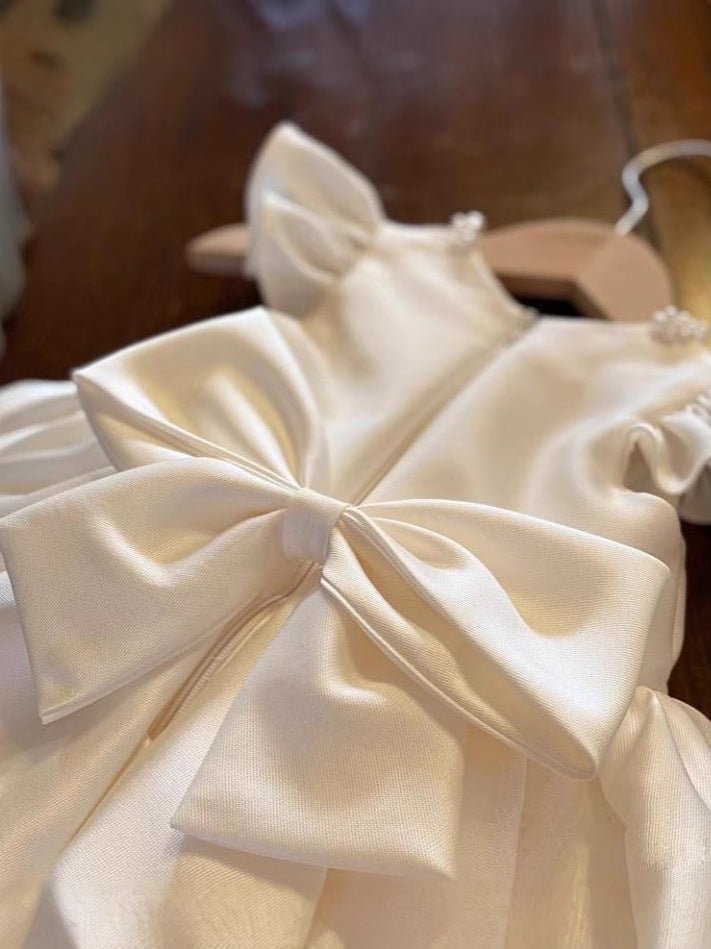 Abito Elegante Bambina in Raso Avorio con Perle