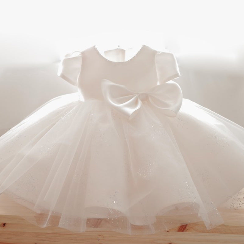 Abito da Cerimonia Bambina Bianco con Fiocco e Gonna in Tulle Glitterato