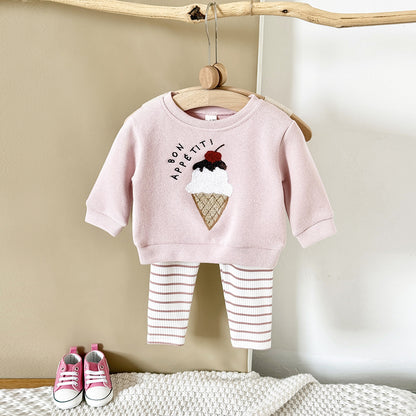 Completino “Bon Appétit” Rosa con Felpa Gelato e Leggings a Righe