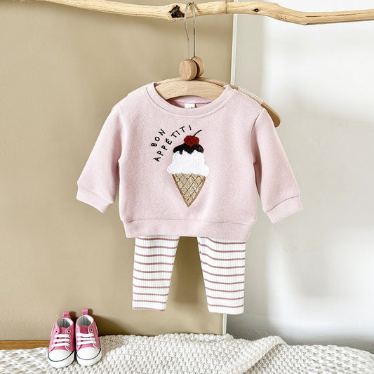 Completino “Bon Appétit” Rosa con Felpa Gelato e Leggings a Righe
