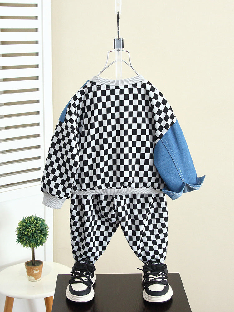 Set Bambino a Quadri – Felpa e Pantaloni con Dettagli in Jeans