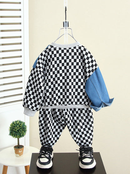 Set Bambino a Quadri – Felpa e Pantaloni con Dettagli in Jeans