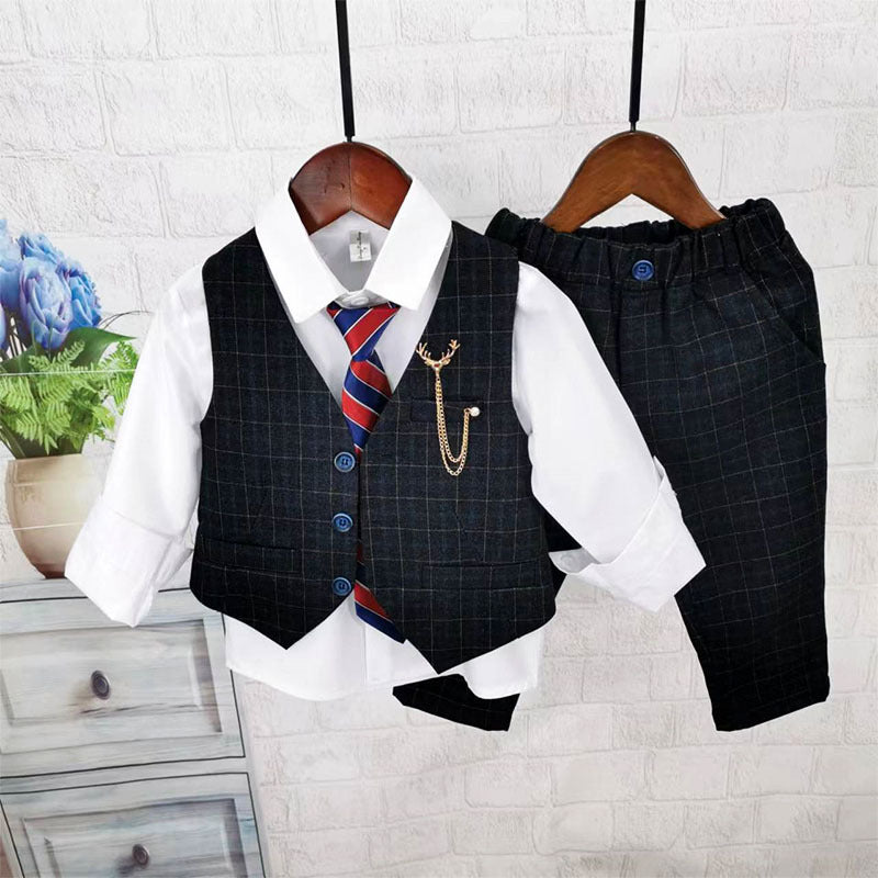 Completo Bimbo 3 Pezzi Elegante – Gilet e Pantaloni Check Neri con Cravatta