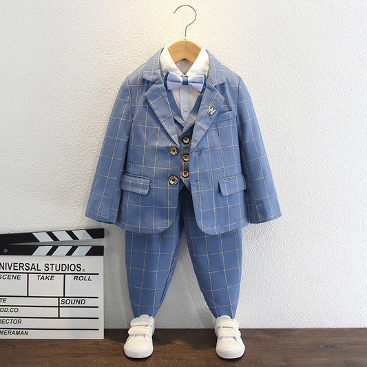 Completo Elegante Bambino 5 Pezzi  Azzurro  Quadrettato con Papillon