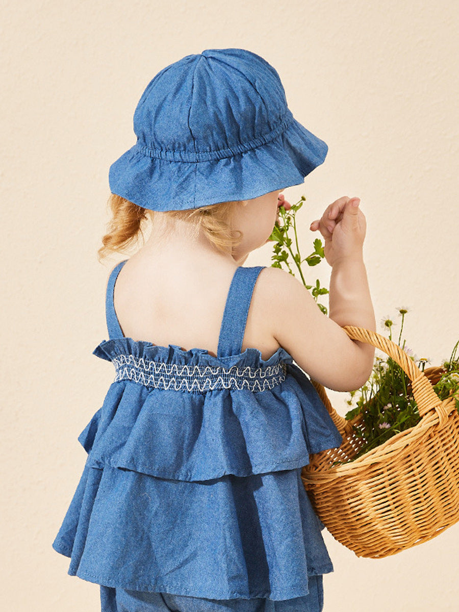 Completo Estivo Bimba in Stile Denim  Top, Pantaloncini e Cappellino