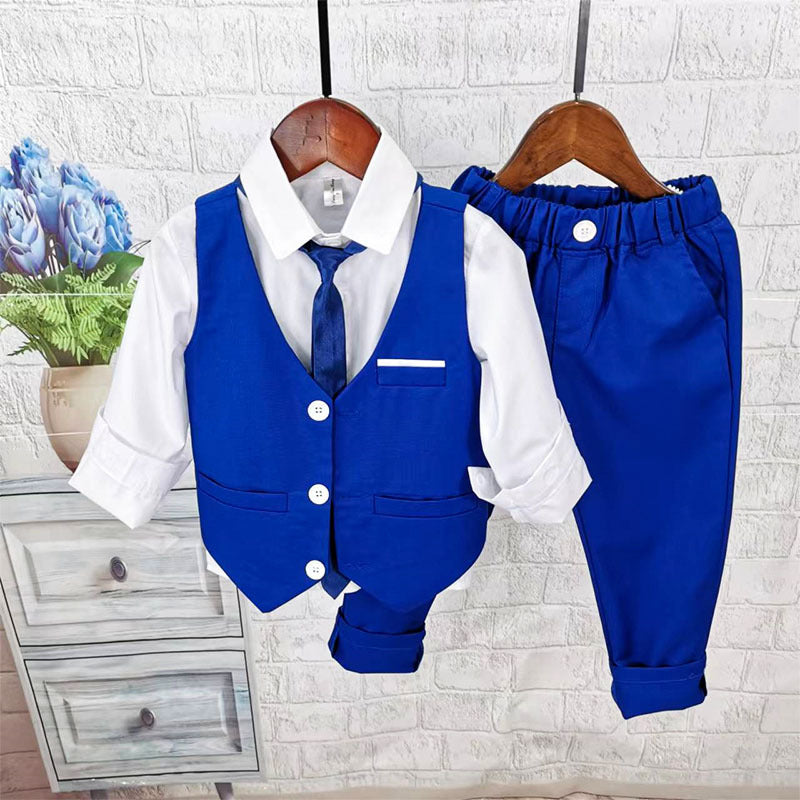 Completo Elegante Bimbo 3 Pezzi – Gilet Blu Royal, Camicia Bianca e Pantaloni