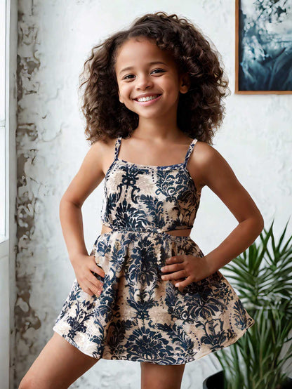 Abito Estivo Bimba Elegante con Spalline Sottili e Stampa Floreale Blu