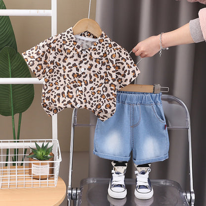 Set Bambino con Camicia Leopardata e Pantaloncini in Denim