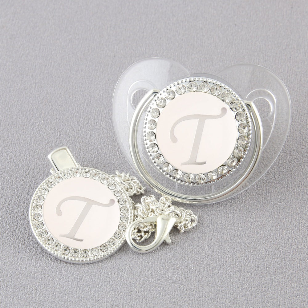 Set Ciuccio Trasparente e argento  Luxury con Clip – Personalizzato con Iniziale 6-12 mesi