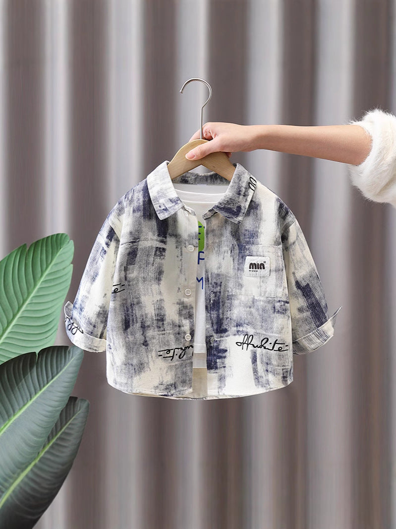 Camicia Artistica Bambino – Stampa Effetto Pennellata e Dettagli Scritti