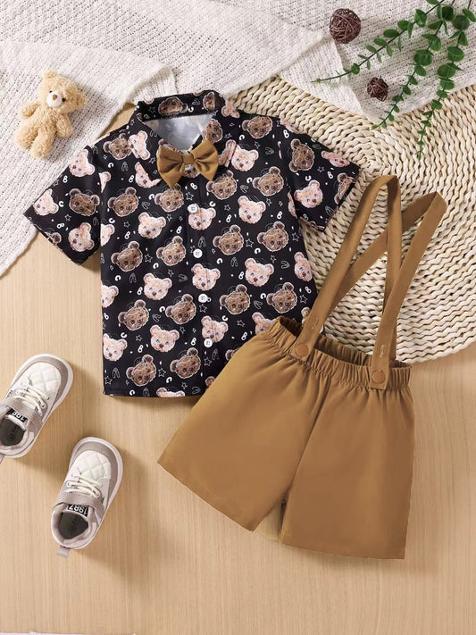 Completo elegante bimbo con stampa orsacchiotti e bretelle