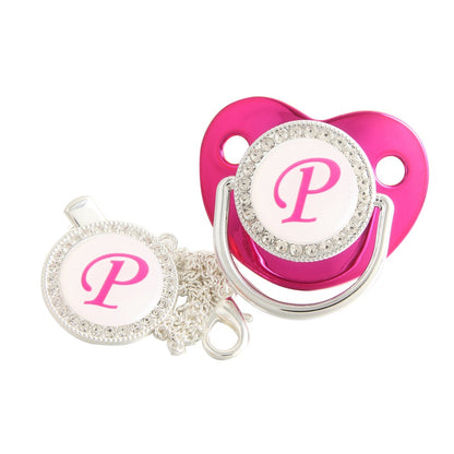 Set Ciuccio Luxury Fucsia e argento con Clip – Personalizzato con Iniziale (6-12 mesi)