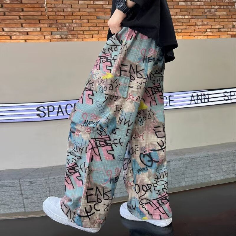 Pantaloni Streetwear Oversize in Cotone e Poliestere – Stampa Graffiti Unisex