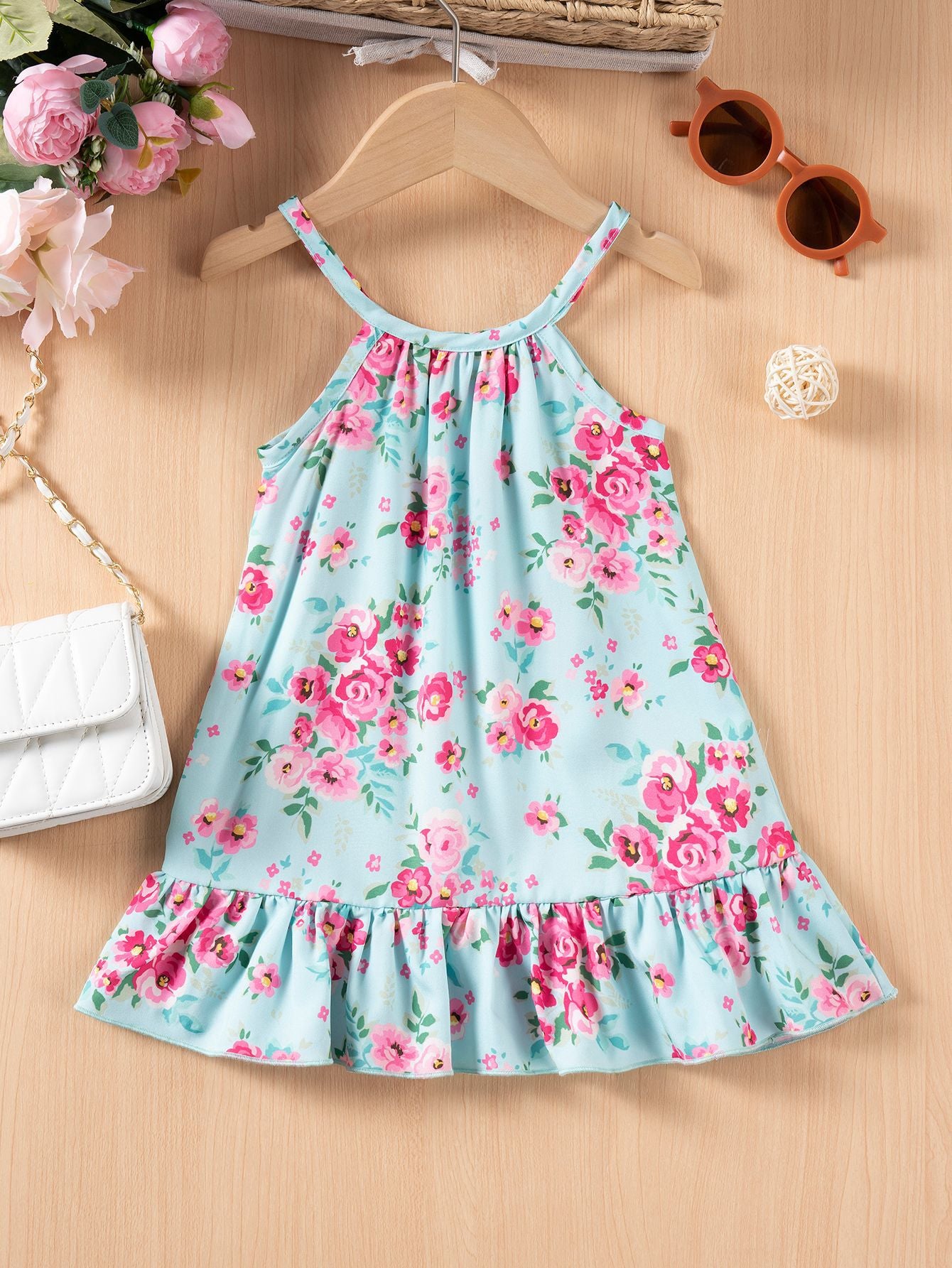 Vestito Estivo Bimba Azzurro con Fantasia Floreale e Volant