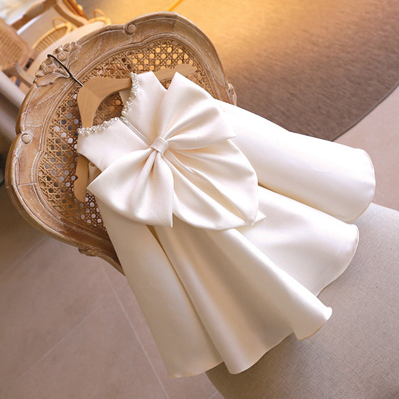 Abito Cerimonia Bambina Avorio con Fiocco e Colletto di Perle