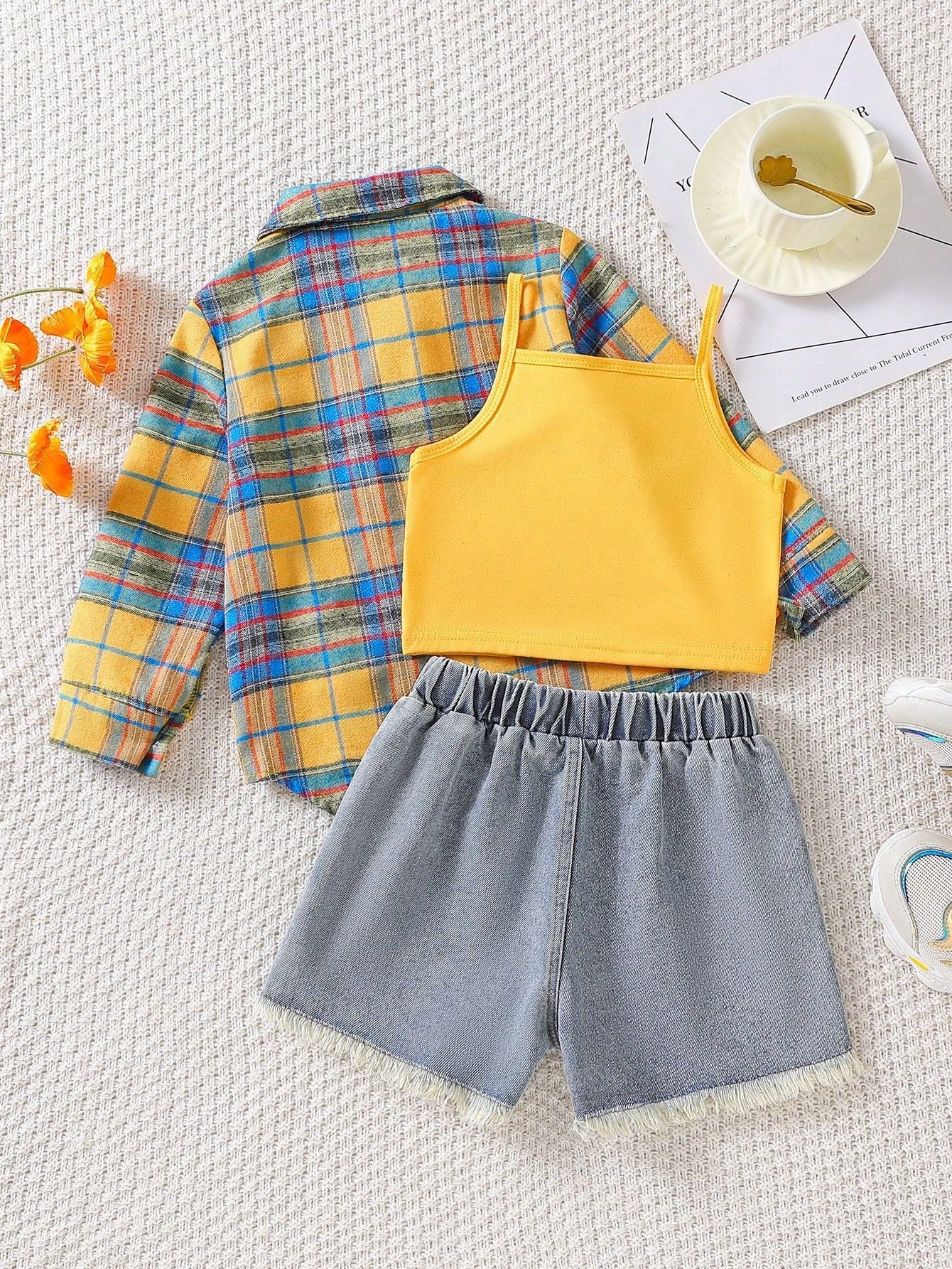 Completo estivo bambina 3 pezzi   Giallo, denim e camicia a quadri