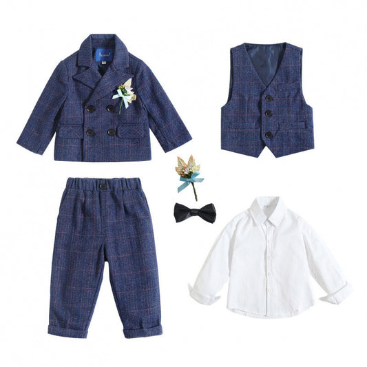 Completo Elegante Blu a Quadri per Bambini - 5 Pezzi