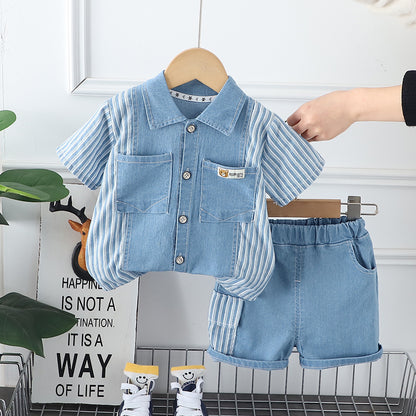 Completo Estivo Bambino in Denim con Dettagli a Righe