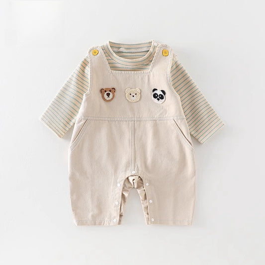 Completo Neutro 2 Pezzi – Salopette Beige con Animaletti + Maglia a Righe