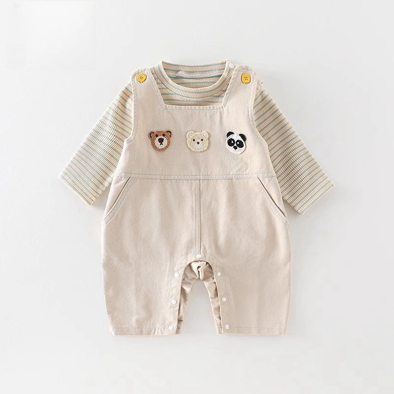 Completo Neutro 2 Pezzi – Salopette Beige con Animaletti + Maglia a Righe