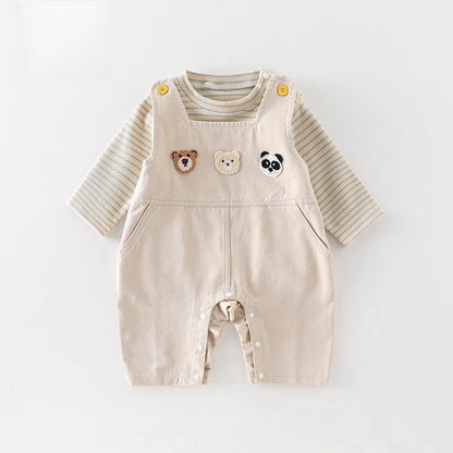 Completo Salopette e Maglia a Righe per Neonato/ Bimbo – Modello Orsetti Ricamati