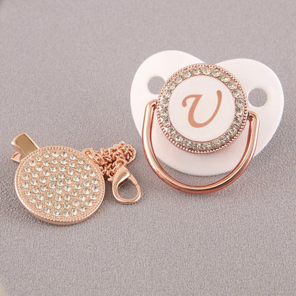 Set Ciuccio Luxury Bianco e oro rosa con Clip – Personalizzato con Iniziale (6-12 mesi)