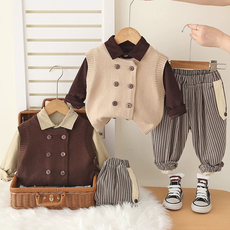 Set elegante Autunno e Inverno beige & marrone – gilet a doppio petto e pantaloni a righe