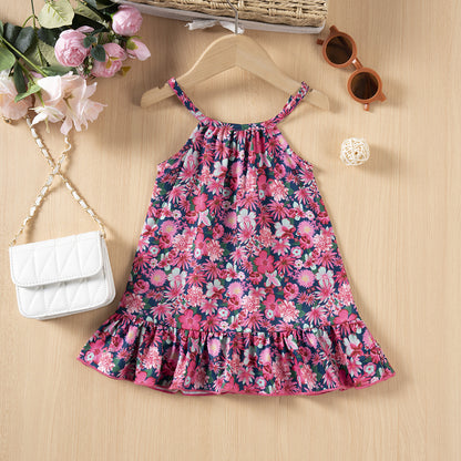 Vestito Estivo Bimba con Fantasia Floreale  Spalline Sottili e Volant