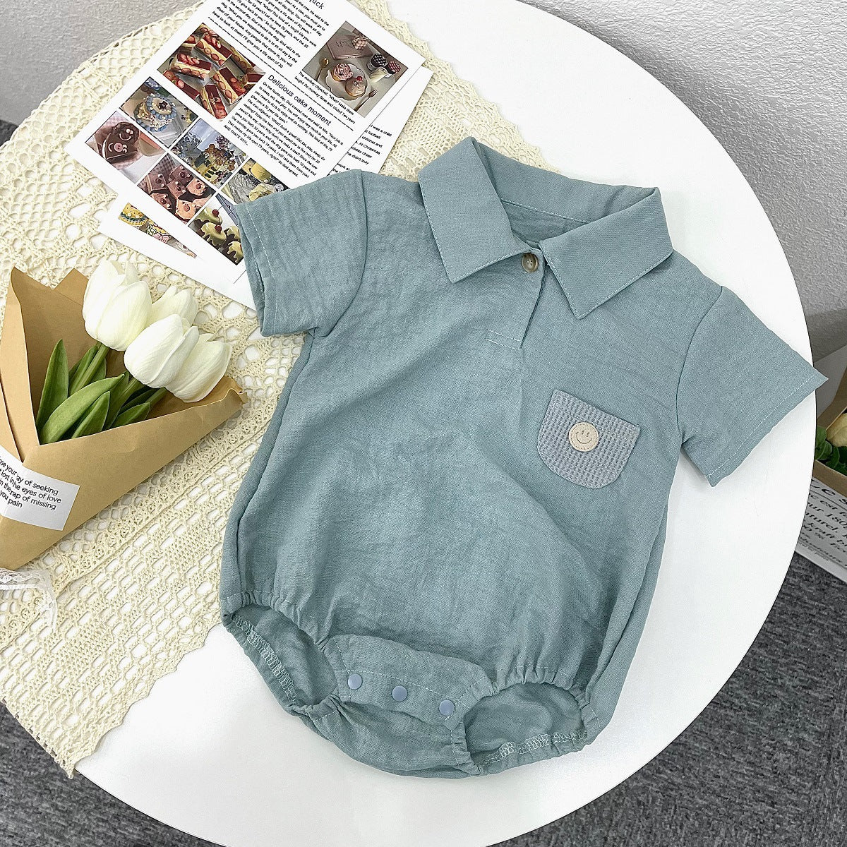 Body estivo con colletto e taschino smile   in lino misto cotone