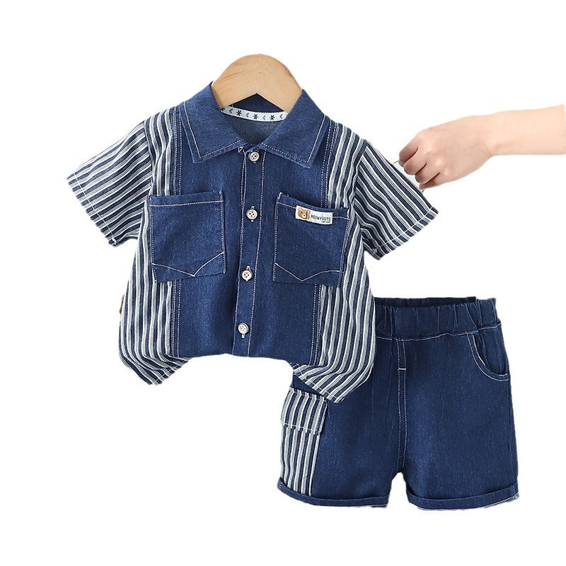 Completo Estivo Bambino in Denim con Dettagli a Righe