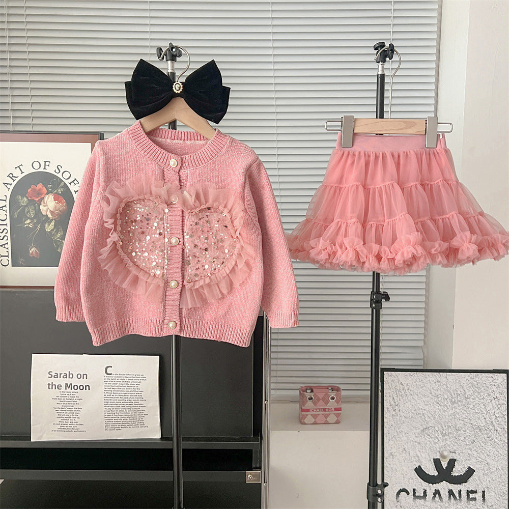 Completo Bambina Maglioncino Cuore con Paillettes e Gonna in Tulle Volant