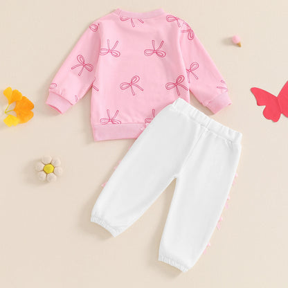 Completo Bambina con Felpa Rosa e Pantaloni Bianchi Decorati