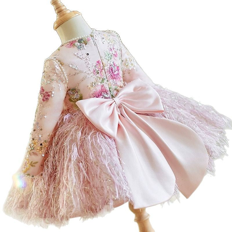 Abito Cerimonia Bambina Lussuoso – Maniche Lunghe Ricamate, Gonna in Piume e Maxi Fiocco
