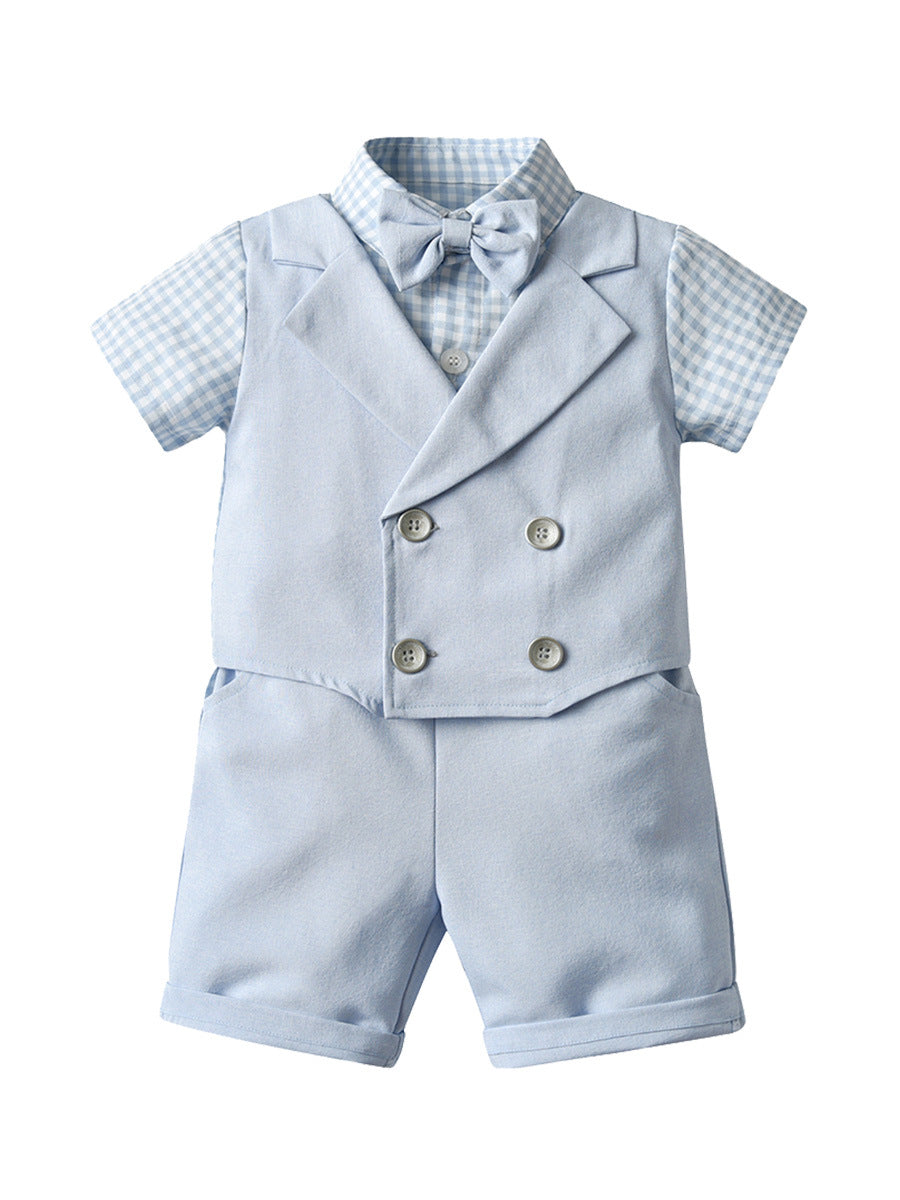 Completo Elegante Bimbo "Little Gentleman" Camicia, Gilet, Papillon e Shorts Azzurri