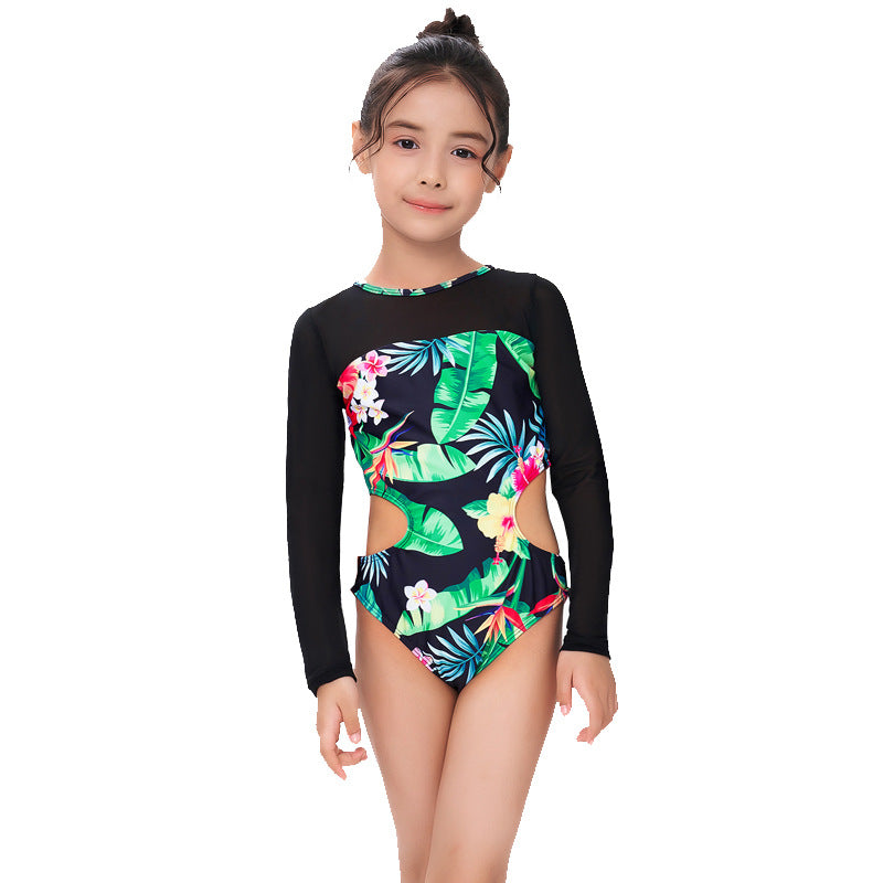 Costume intero bambina con maniche lunghe – Fantasia tropicale e dettagli cut-out
