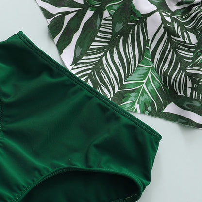 Costume Mare Bimba 3 Pezzi  Top con Stampa Tropicale, Slip Verde e Fascia Coordinata