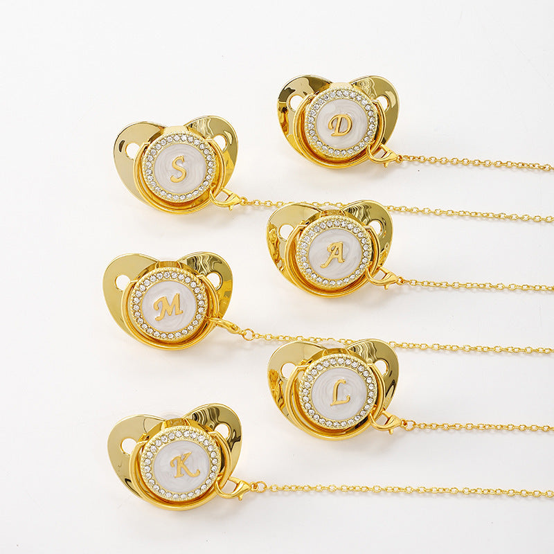 Ciuccio Oro con Catenella e Clip – Personalizzabile con Iniziale
