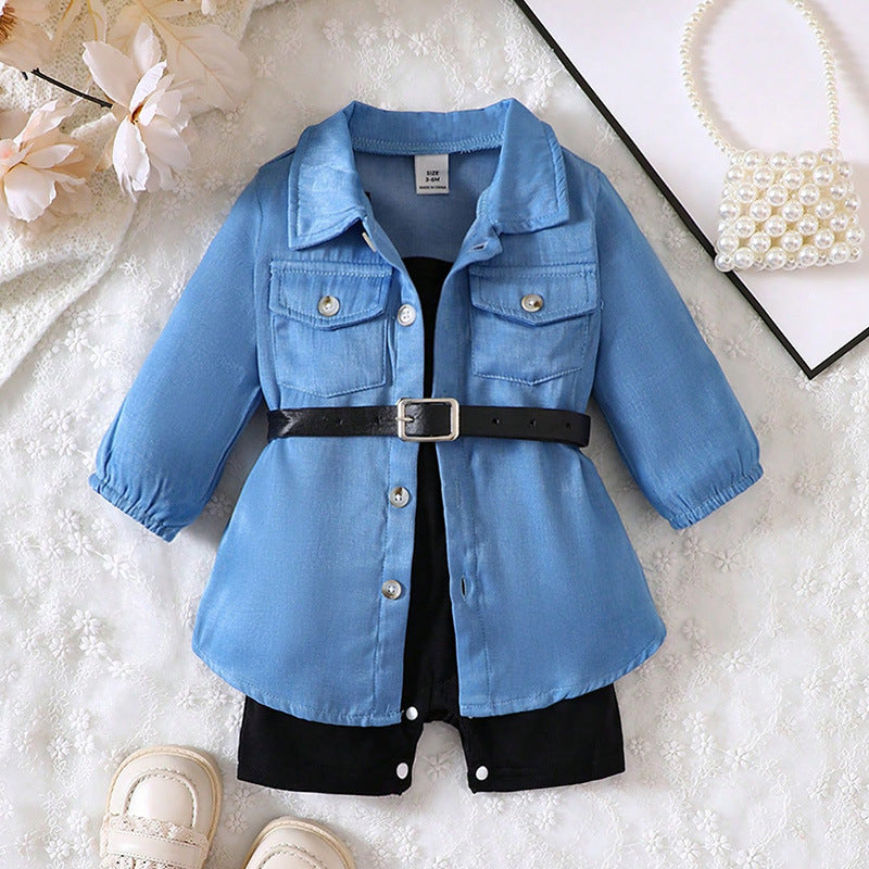 Completo bambina 2 pezzi  Camicia denim leggera con cintura + shorts neri