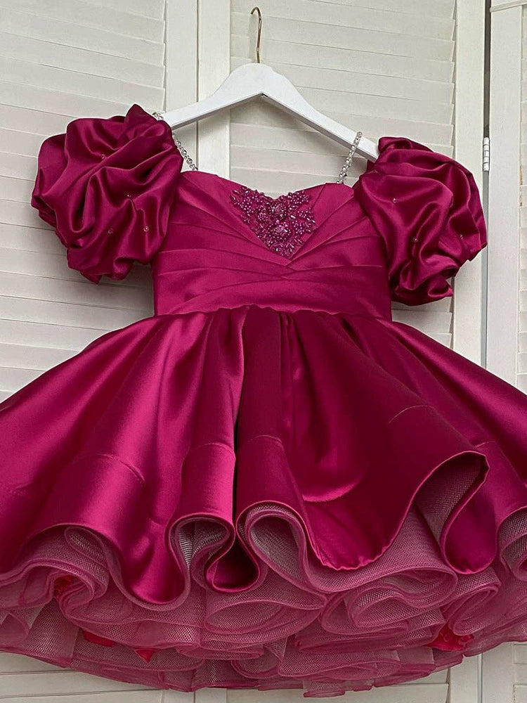 Abito Principessa Satinato con Maniche a Sbuffo e Gonna Voluminosa