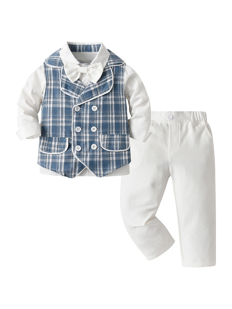 Completo Elegante Bambino 3 Pezzi  Camicia, Gilet a Quadri e Pantaloni