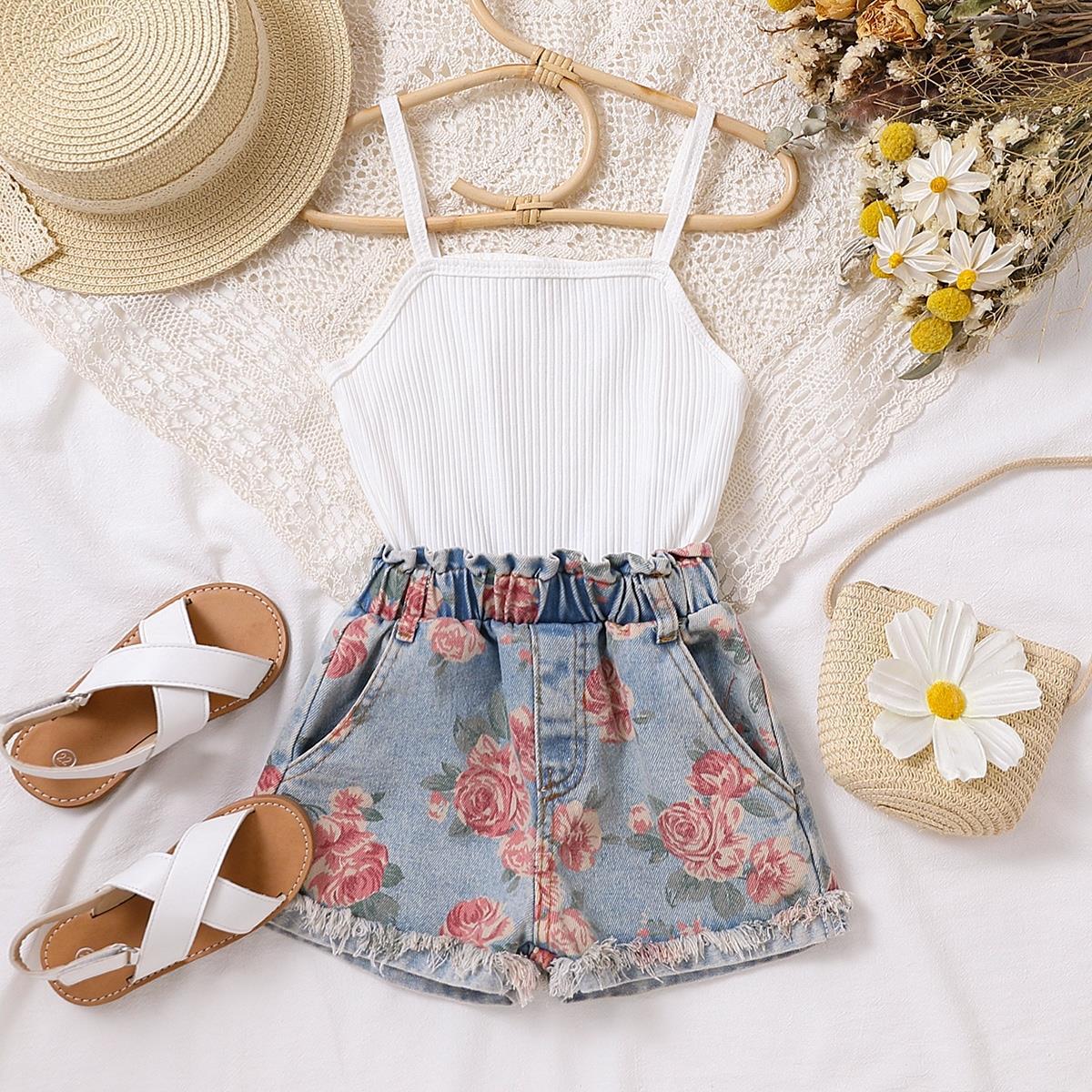 Completo Bambina Estivo - Top Bianco e Shorts in Denim con Fiori