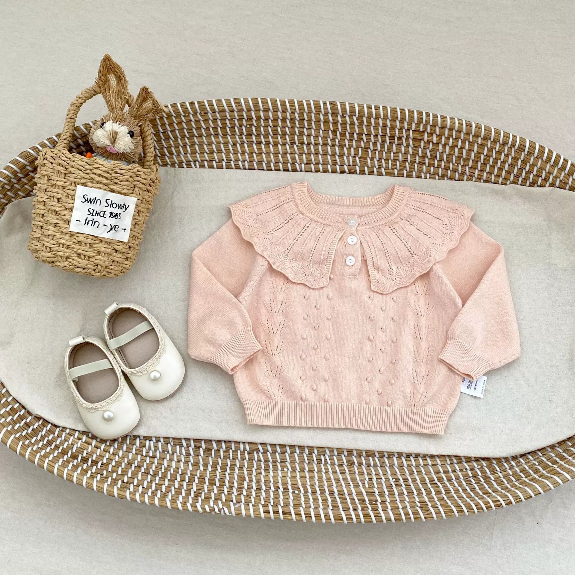 Cardigan Bimba con Colletto Decorato – 100% Cotone