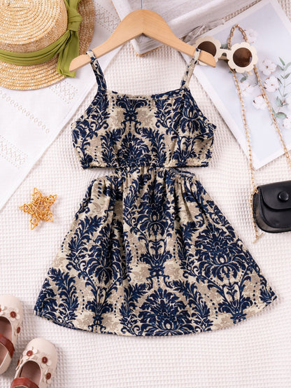 Abito Estivo Bimba Elegante con Spalline Sottili e Stampa Floreale Blu