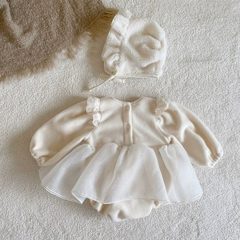 Tutina abito in cotone con gonna in tulle – Panna