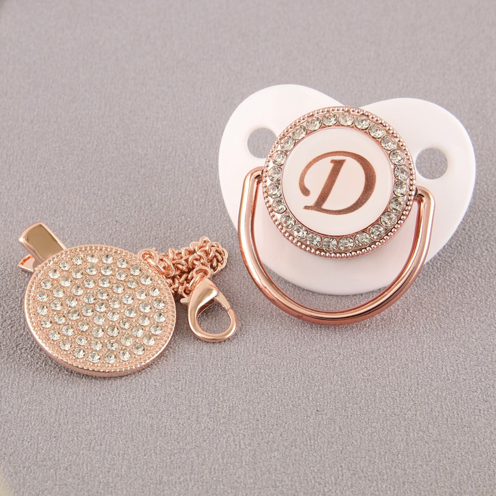 Set Ciuccio Luxury Bianco e oro rosa con Clip – Personalizzato con Iniziale (6-12 mesi)