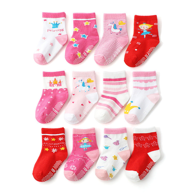 Set 12 Paia Calzini Antiscivolo Bambina   Fantasie Principessa e Colori Rosa