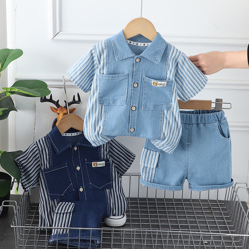 Completo Estivo Bambino in Denim con Dettagli a Righe