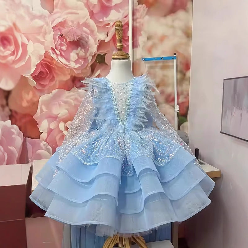 Abito da Cerimonia Bambina Azzurro con Paillettes, Piume e Gonna a Balze