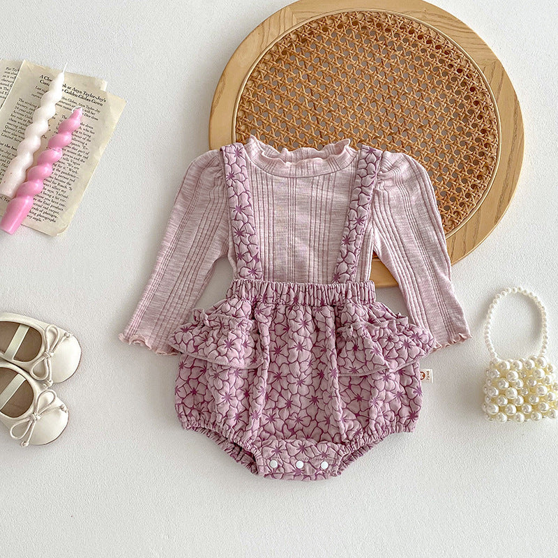 Tutina Bimba con Bretelle e Gonna a Balze – Rosa a Fiori