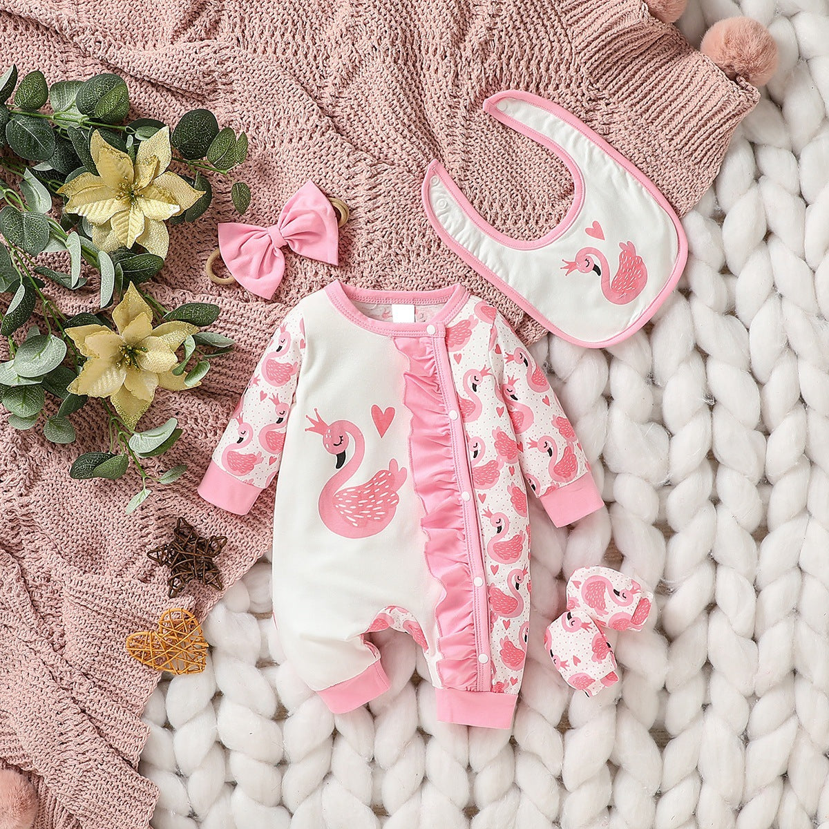 Set Neonata/ Bimba Estivo "Cigno Reale" con Tutina, Bavaglino e Accessori